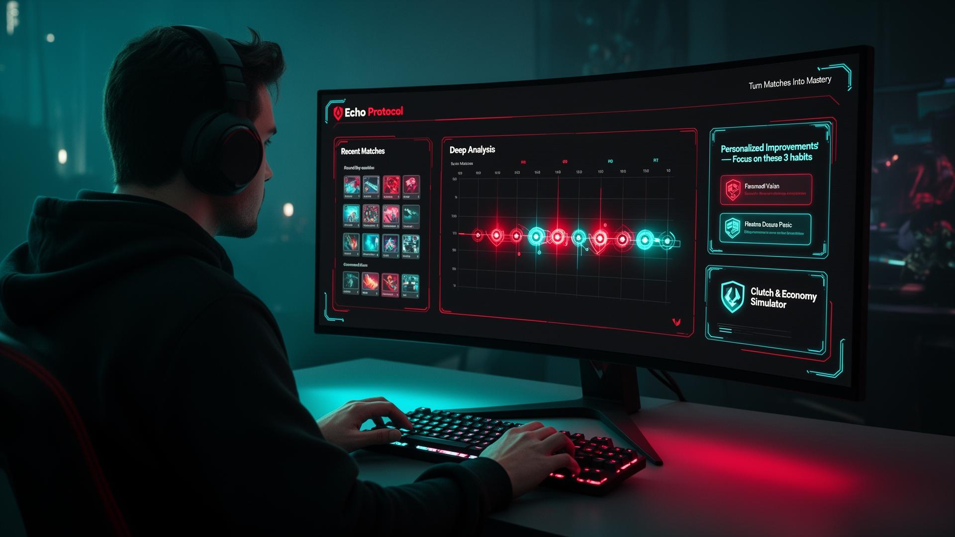 Echo Protocol post-match coaching dashboard with deep analysis, round timeline, and personalized improvement plan